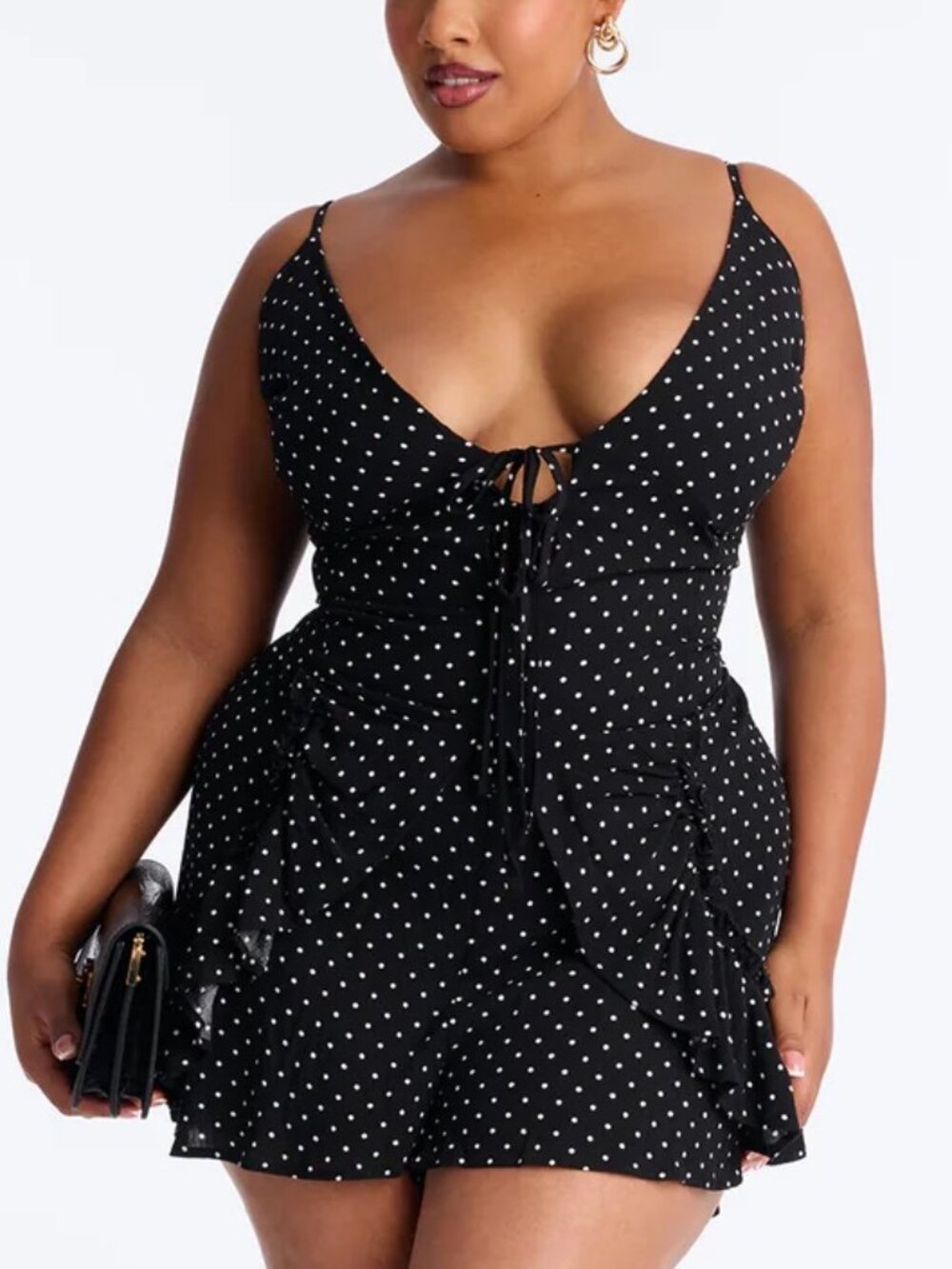 Fashion Nova Polka Dot Romper Black White Tie Front Ruffle Flowy Summer
